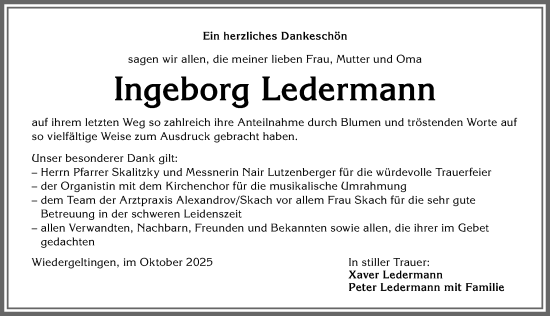 Traueranzeige von Ingeborg Ledermann von Augsburger Allgemeine, Mindelheimer Zeitung
