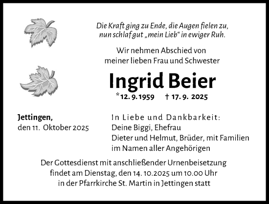 Traueranzeige von Ingrid Beier von Günzburger Zeitung