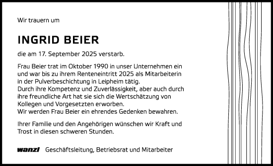 Traueranzeige von Ingrid Beier von Günzburger Zeitung