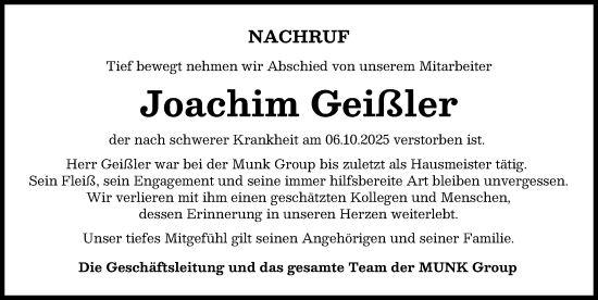 Traueranzeige von Joachim Geißler von Günzburger Zeitung
