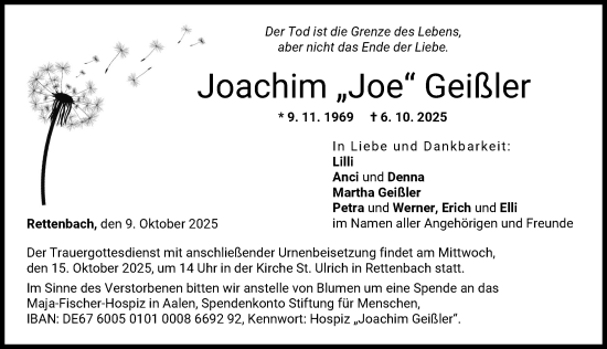 Traueranzeige von Joachim Geißler von Günzburger Zeitung