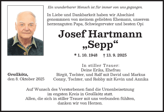 Traueranzeige von Josef Hartmann von Mittelschwäbische Nachrichten