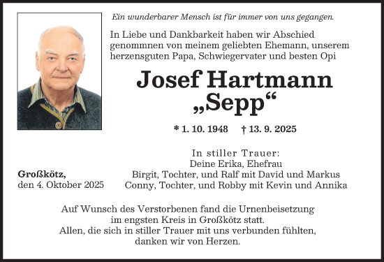 Traueranzeige von Josef Hartmann von Günzburger Zeitung