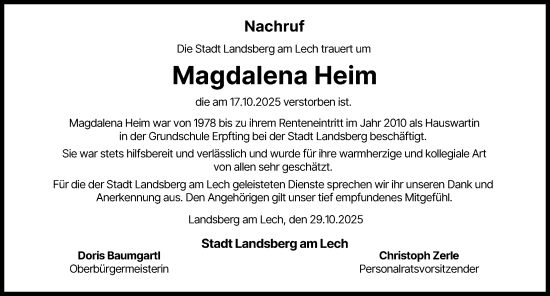 Traueranzeige von Magdalena Heim von Landsberger Tagblatt