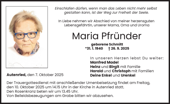 Traueranzeige von Maria Pfründer von Günzburger Zeitung