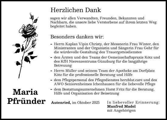Traueranzeige von Maria Pfründer von Günzburger Zeitung