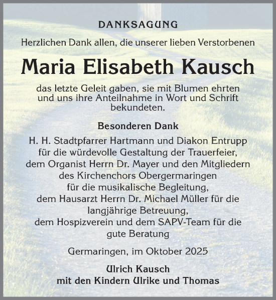Traueranzeige von Maria Elisabeth Kausch von Augsburger Allgemeine, Mindelheimer Zeitung