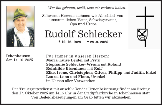 Traueranzeige von Rudolf Schlecker von Günzburger Zeitung
