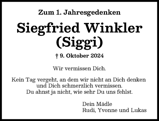 Traueranzeige von Siegfried Winkler von Günzburger Zeitung