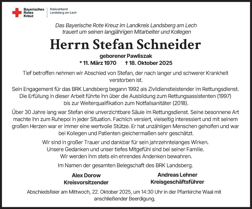  Traueranzeige für Stefan Schneider vom 22.10.2025 aus Landsberger Tagblatt
