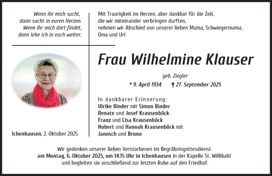 Traueranzeige von Wilhelmine Klauser von Donau Zeitung, Günzburger Zeitung