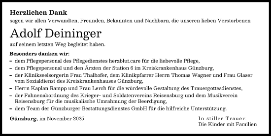Traueranzeige von Adolf Deininger von Günzburger Zeitung