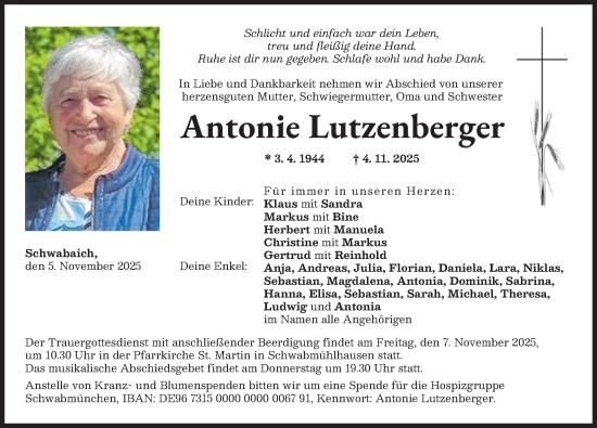 Traueranzeige von Antonie Lutzenberger von Schwabmünchner Allgemeine, Augsburger Allgemeine