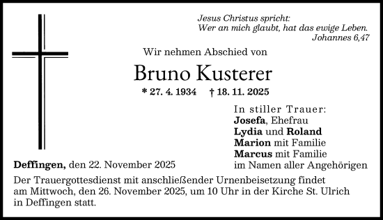 Traueranzeige von Bruno Kusterer von Günzburger Zeitung