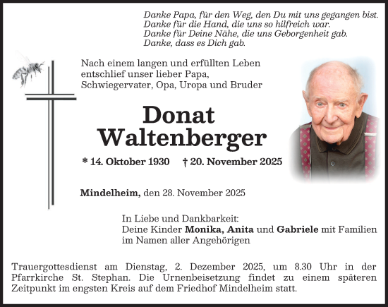 Traueranzeige von Donat Waltenberger von Mindelheimer Zeitung