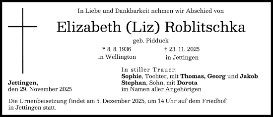 Traueranzeige von Elizabeth Roblitschka von Günzburger Zeitung