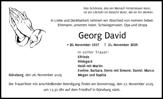 Traueranzeige von Georg David von Günzburger Zeitung