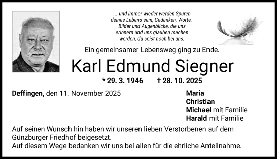 Traueranzeige von Karl Edmund Siegner von Günzburger Zeitung