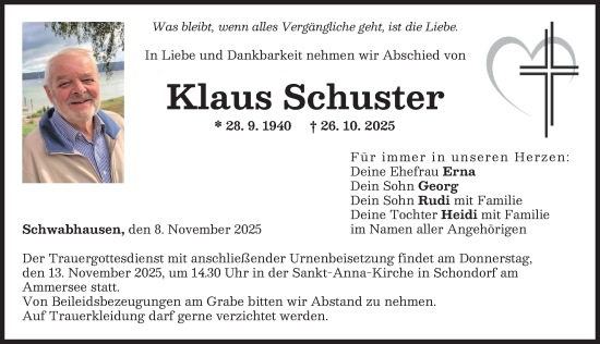Traueranzeige von Klaus Schuster von Landsberger Tagblatt