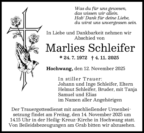 Traueranzeige von Marlies Schleifer von Günzburger Zeitung