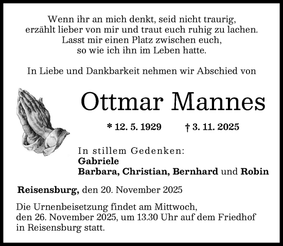 Traueranzeige von Ottmar Mannes von Günzburger Zeitung