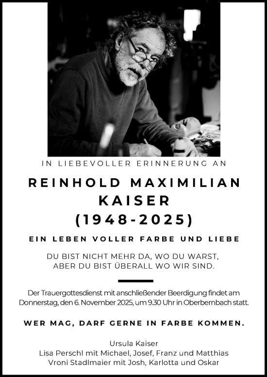 Traueranzeige von Reinhold Maximilian Kaiser von Aichacher Nachrichten