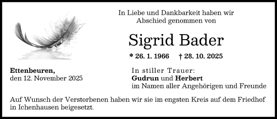 Traueranzeige von Sigrid Bader von Günzburger Zeitung