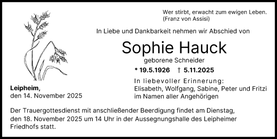 Traueranzeige von Sophie Hauck von Günzburger Zeitung