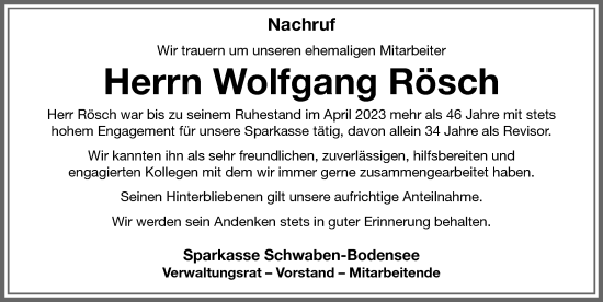 Traueranzeige von Wolfgang Rösch von Günzburger Zeitung