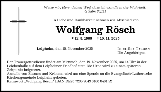 Traueranzeige von Wolfgang Rösch von Günzburger Zeitung