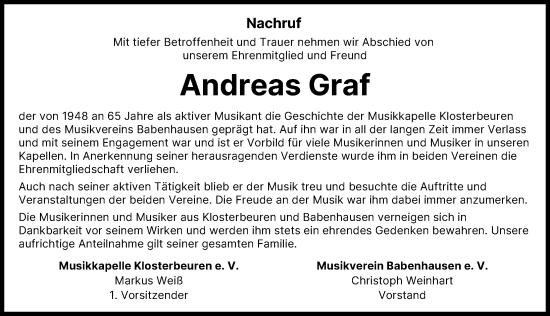 Traueranzeige von Andreas Graf von Illertisser Zeitung