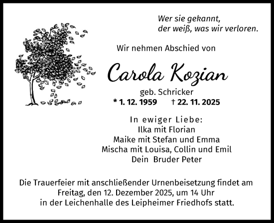 Traueranzeige von Carola Kozian von Günzburger Zeitung