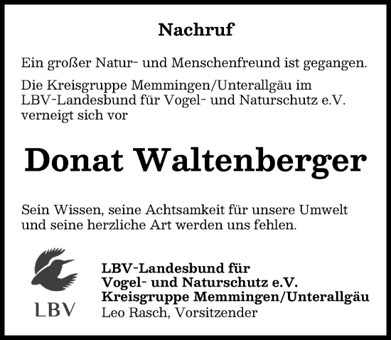 Traueranzeige von Donat Waltenberger von Mindelheimer Zeitung
