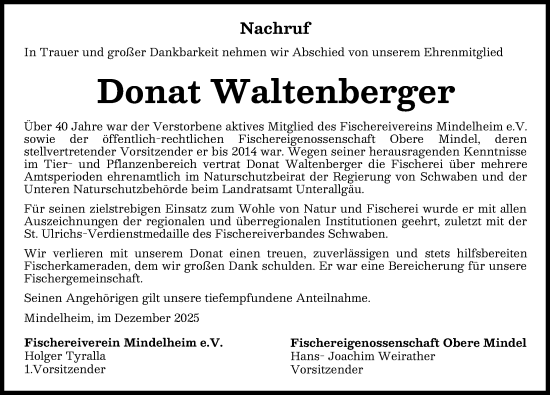 Traueranzeige von Donat Waltenberger von Mindelheimer Zeitung