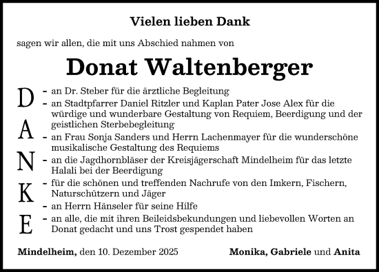Traueranzeige von Donat Waltenberger von Mindelheimer Zeitung