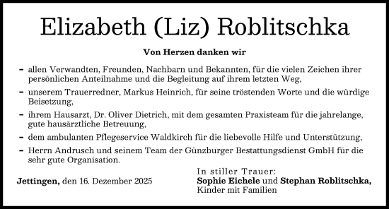 Traueranzeige von Elizabeth Roblitschka von Günzburger Zeitung
