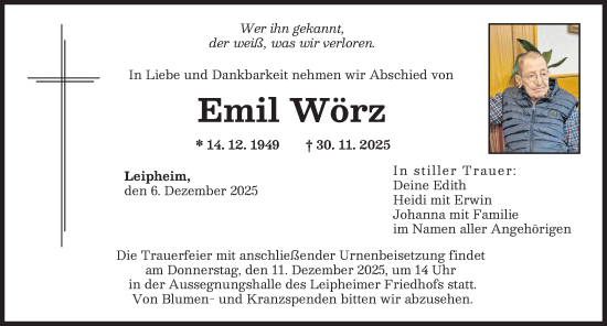 Traueranzeige von Emil Wörz von Günzburger Zeitung