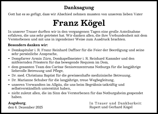 Traueranzeige von Franz Kögel von Augsburger Allgemeine