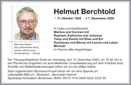 Traueranzeige von Helmut Berchtold von Augsburger Allgemeine, Mindelheimer Zeitung