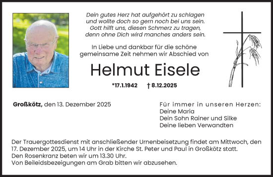 Traueranzeige von Helmut Eisele von Günzburger Zeitung