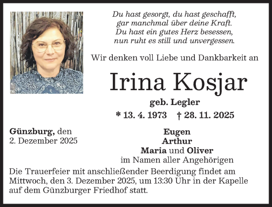 Traueranzeige von Irina Kosjar von Günzburger Zeitung