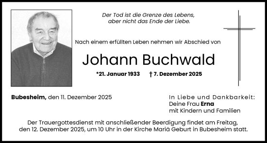 Traueranzeige von Johann Buchwald von Günzburger Zeitung