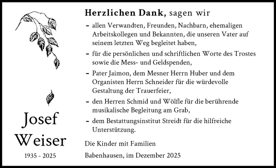 Traueranzeige von Josef Weiser von Illertisser Zeitung