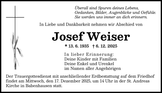 Traueranzeige von Josef Weiser von Illertisser Zeitung