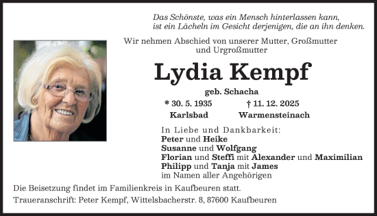 Traueranzeige von Lydia Kempf von Donauwörther Zeitung