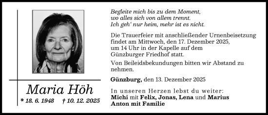 Traueranzeige von Maria Höh von Günzburger Zeitung