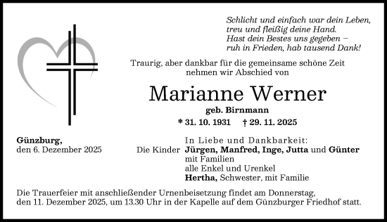 Traueranzeige von Marianne Werner von Günzburger Zeitung