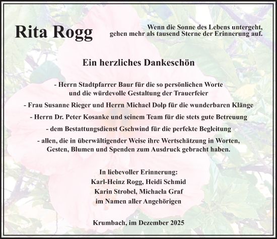 Traueranzeige von Rita Rogg von Mittelschwäbische Nachrichten