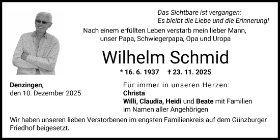 Traueranzeige von Wilhelm Schmid von Günzburger Zeitung