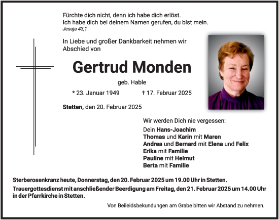 Traueranzeige von Gertrud Monden von Mindelheimer Zeitung